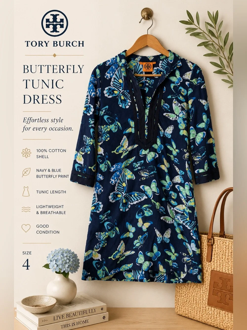 Tory Burch Butterfly Print Cotton Tunic Dress Size 4 Navy Blue